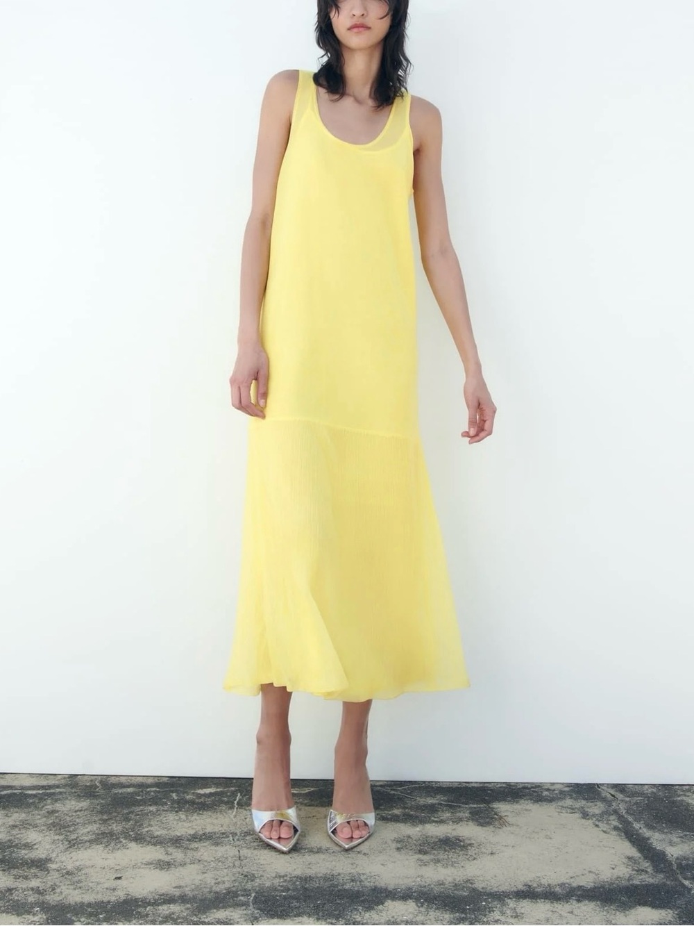 Zara Buttery Yellow Semi Sheer Knit Maxi Dress Sleeveless Scoop Neck Boho Size M